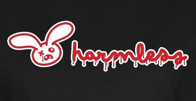 The face of a cartoon rabbit with a bleeding eye, next to the word “harmless”. whose letters are also dripping blood.
