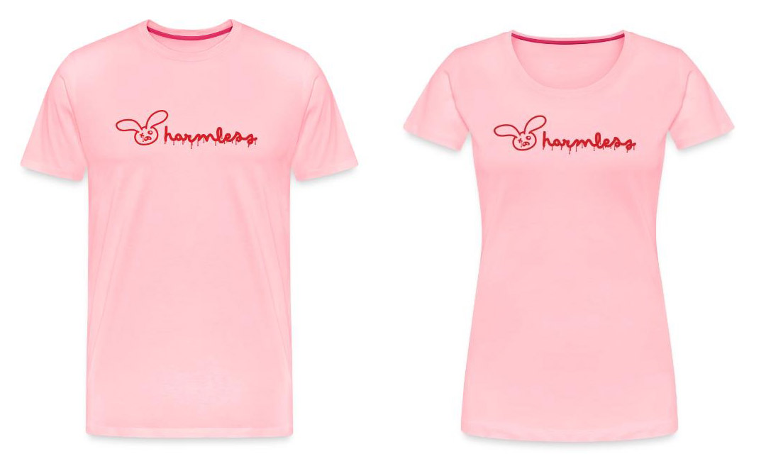 Two pink t-shirts featuring a cartoon rabbit’s face and the word “harmlese”